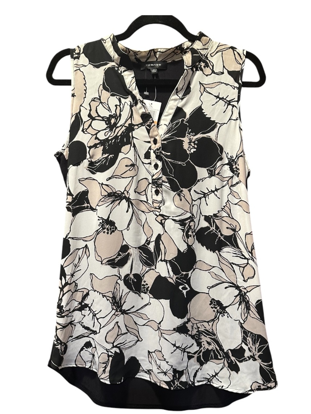Spence Floral Sleeveless Floral, Black, White And Tan Blouse